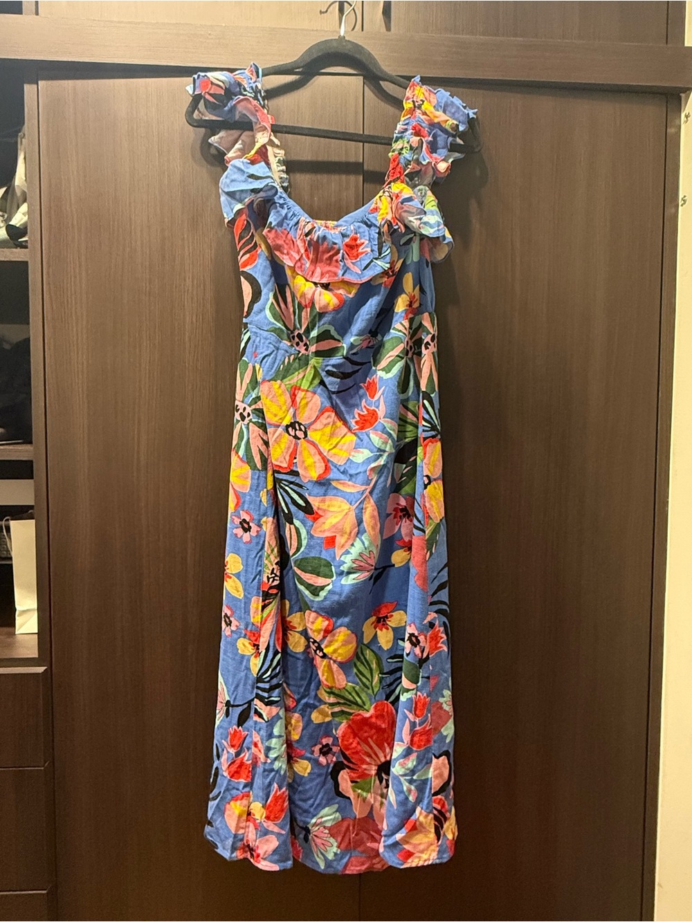 Sugarlips Blue Floral Ruffle-Shoulder Maxi Dress